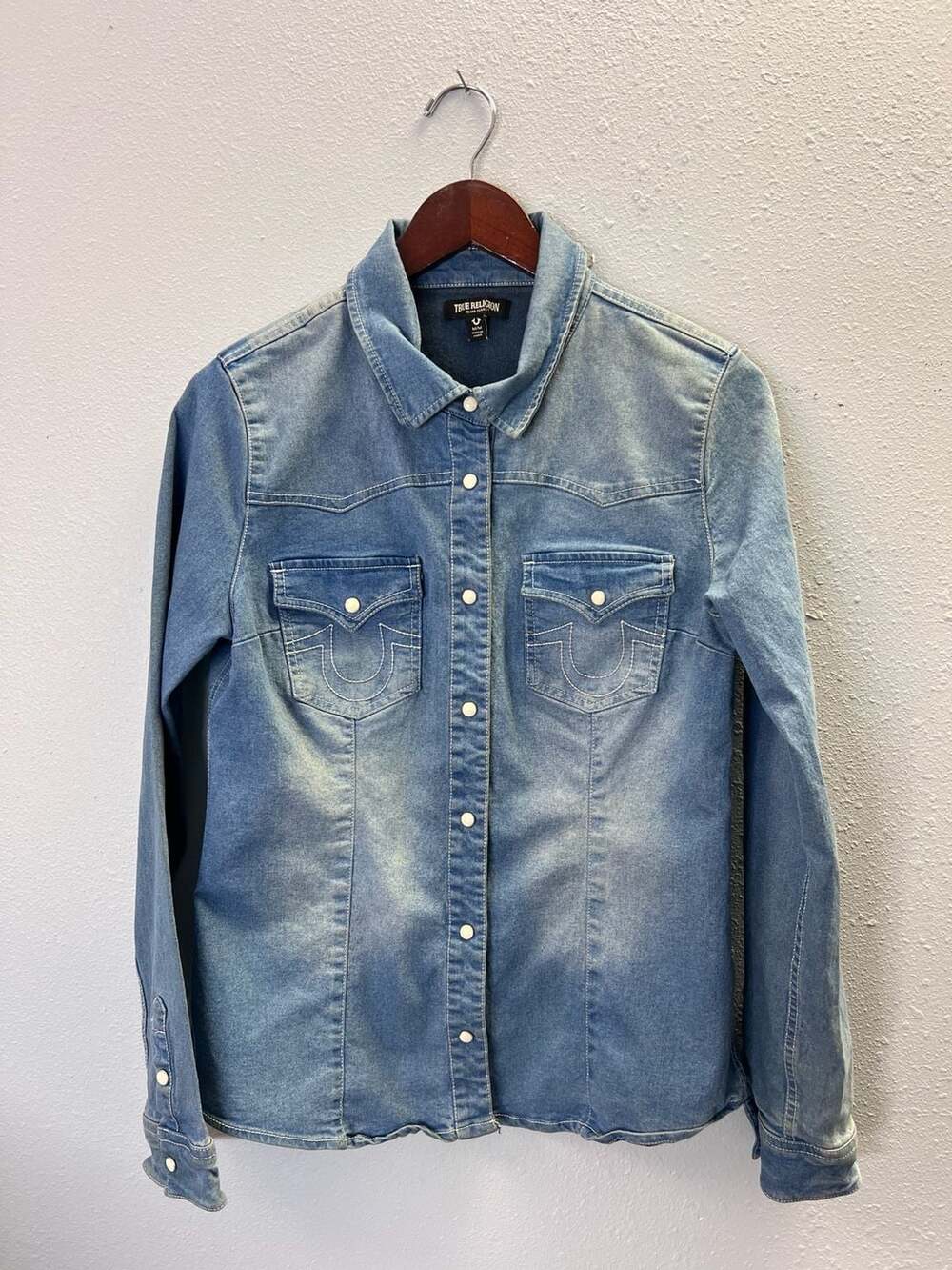 True Religion Womens Denim Shirt Medium Blue Pearl Snap Western Y2K 0552